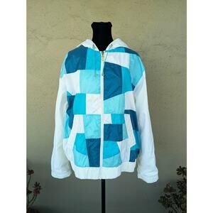 💜Vintage CS Signature Colorblock Windbreaker Blue White Hooded Jacket L
